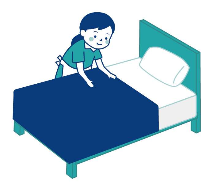 ベッドメイキングを行う女性のイラスト
